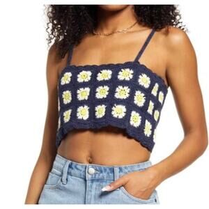 BP Boho Crochet Crop Camisole Tank Top Daisy Blue White Yellow L